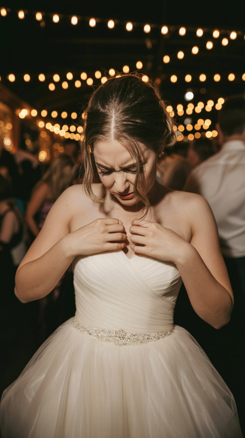 A bride adjusting her strapless wedding dress, looking uncomfortable at a wedding reception.