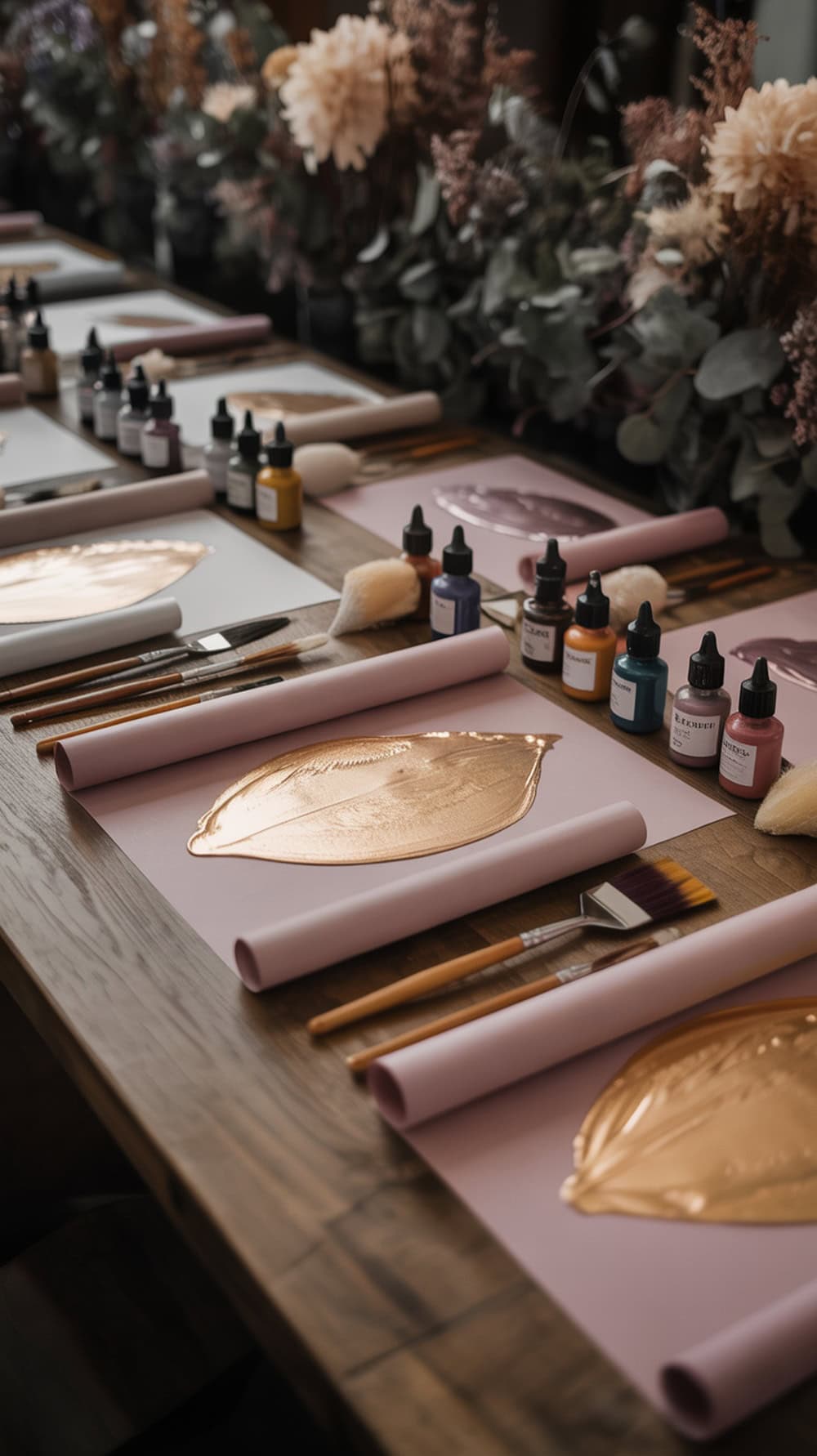 A beautifully arranged abstract art painting setup with paints, brushes, and floral decorations.