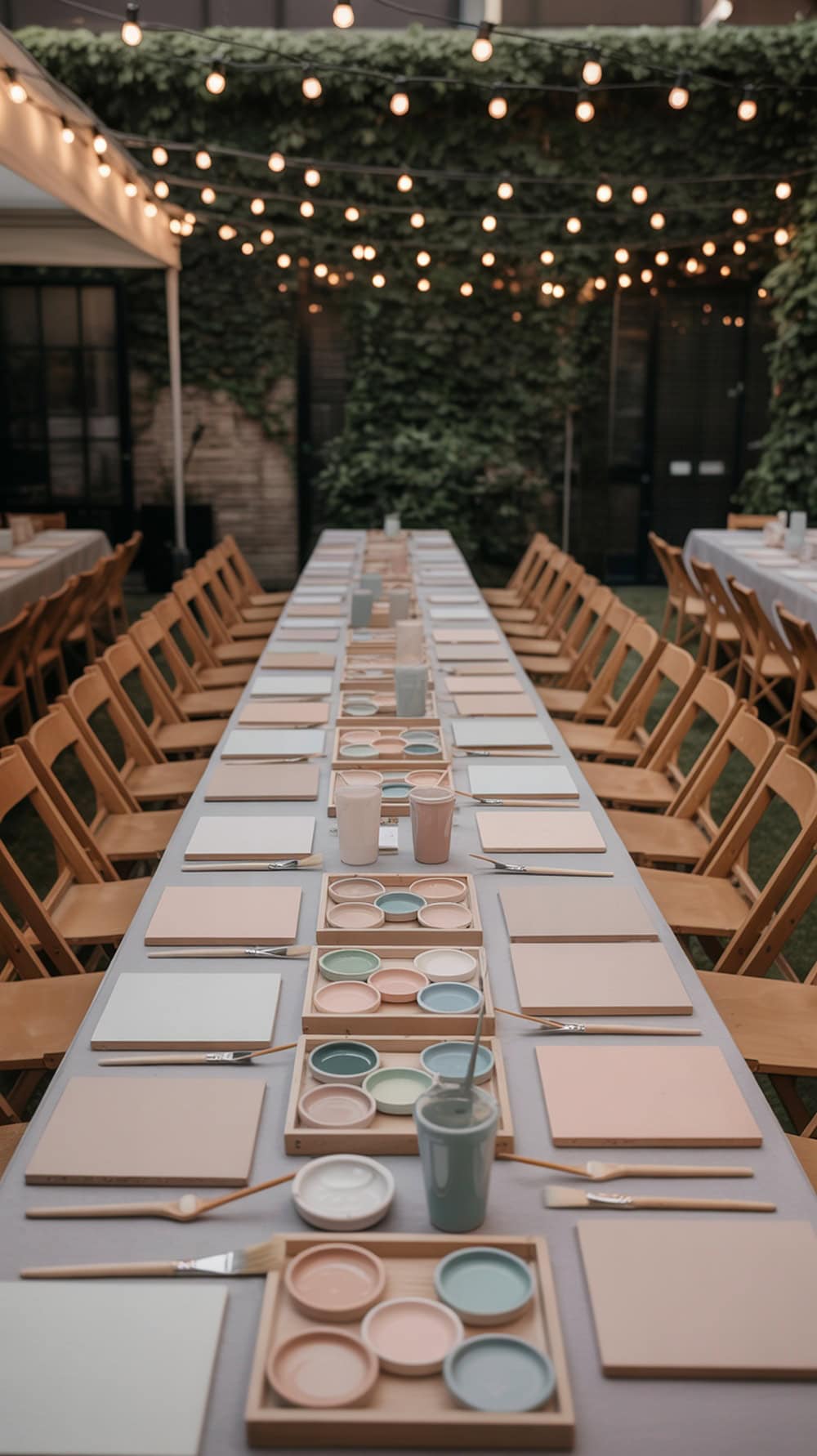 A long table set up for tile painting with paints and brushes, surrounded by chairs and string lights.
