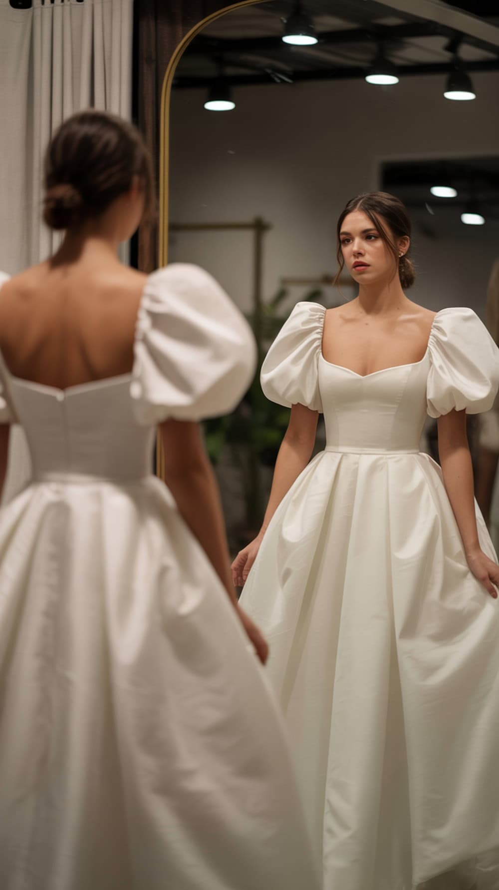 A bride in a modern wedding dress with puff sleeves looking at her reflection in a mirror.