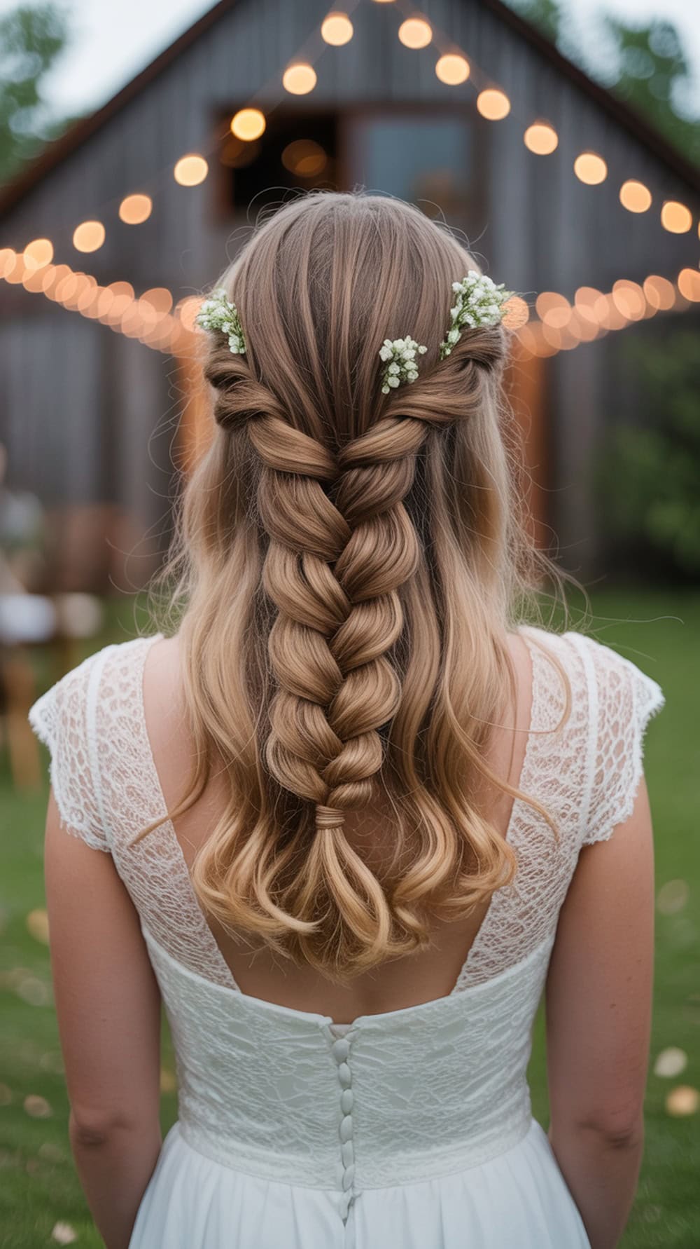 A bride with a half-up fishtail braid adorned with floral hair pins, showcasing a romantic hairstyle.