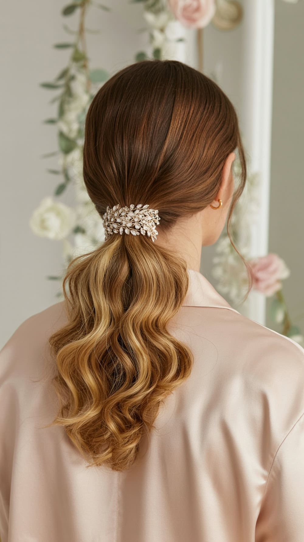 A woman with long wavy hair styled in a low ponytail, adorned with a jeweled wrap, set against a backdrop of champagne bottles and white flowers.
