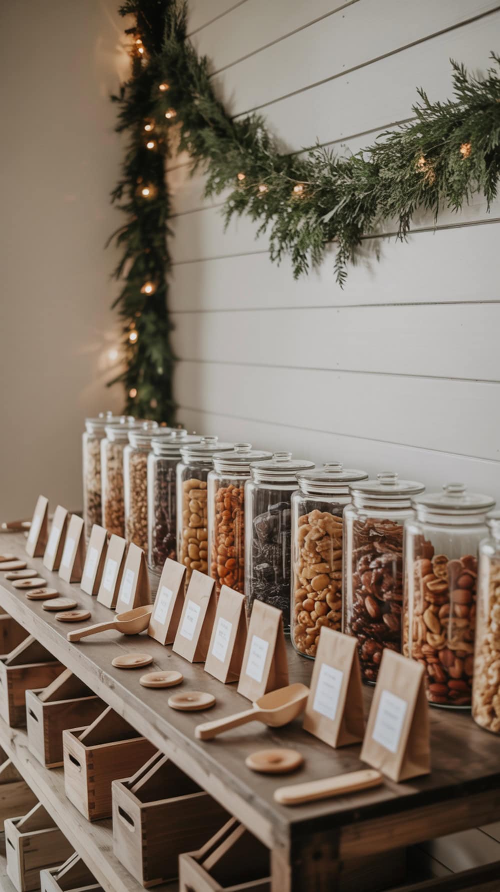 A beautifully arranged trail mix bar with jars of nuts and dried fruits, decorated with greenery.