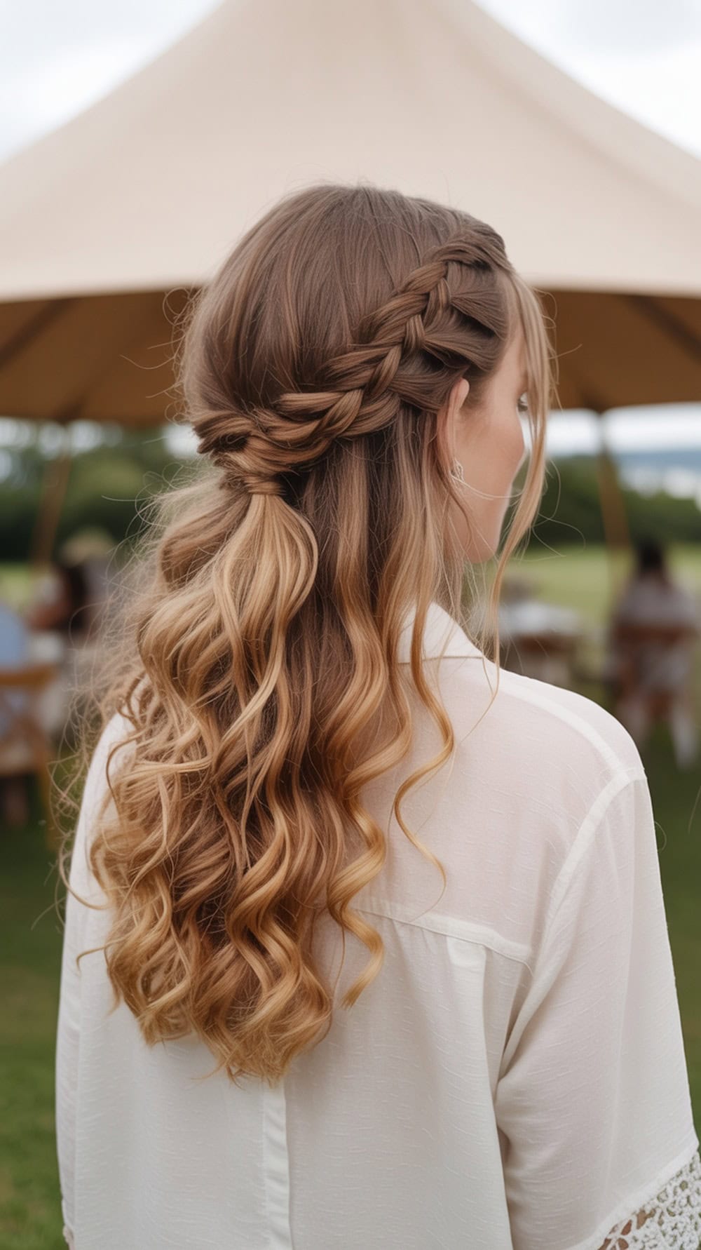 A woman with a messy boho half-up hairstyle featuring mini braids and soft curls.