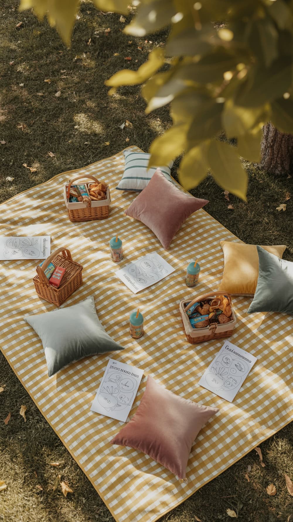 A picnic blanket setup for kids with colorful pillows, snacks, and coloring sheets.