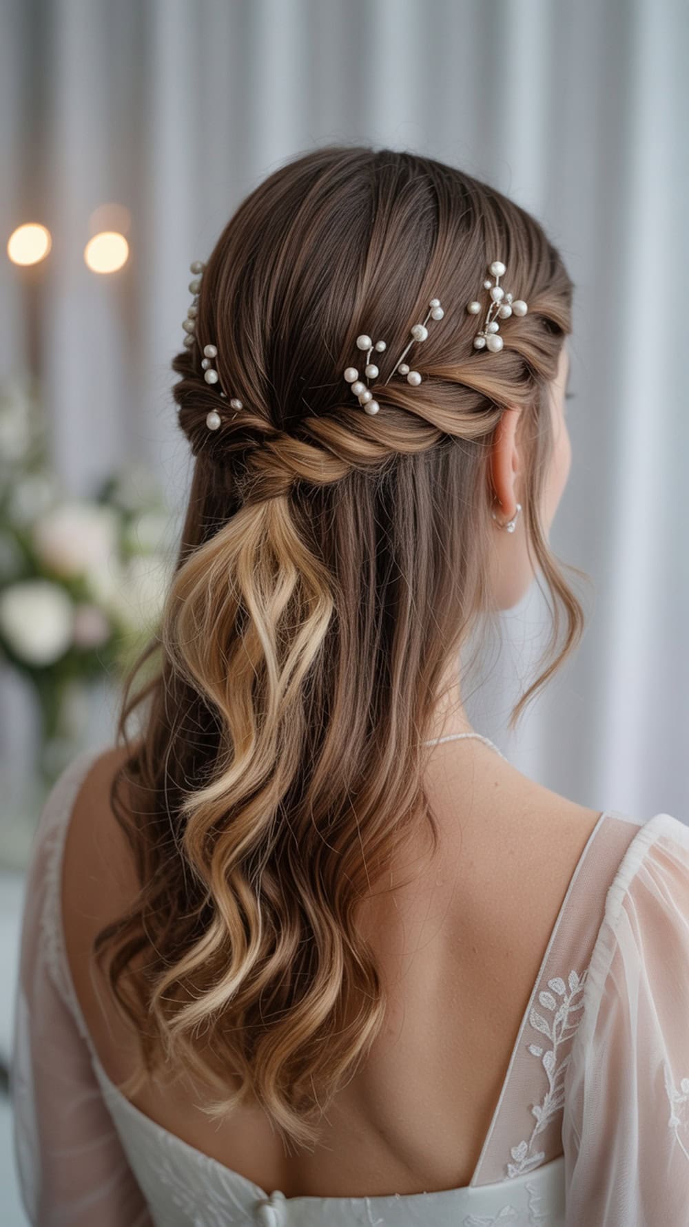 A bride with loose wavy hair styled in a half-updo, adorned with pearl hair pins.