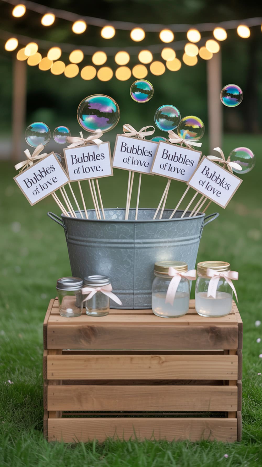 A bubble blowing station with wands and jars of bubble solution, set against a backdrop of string lights.