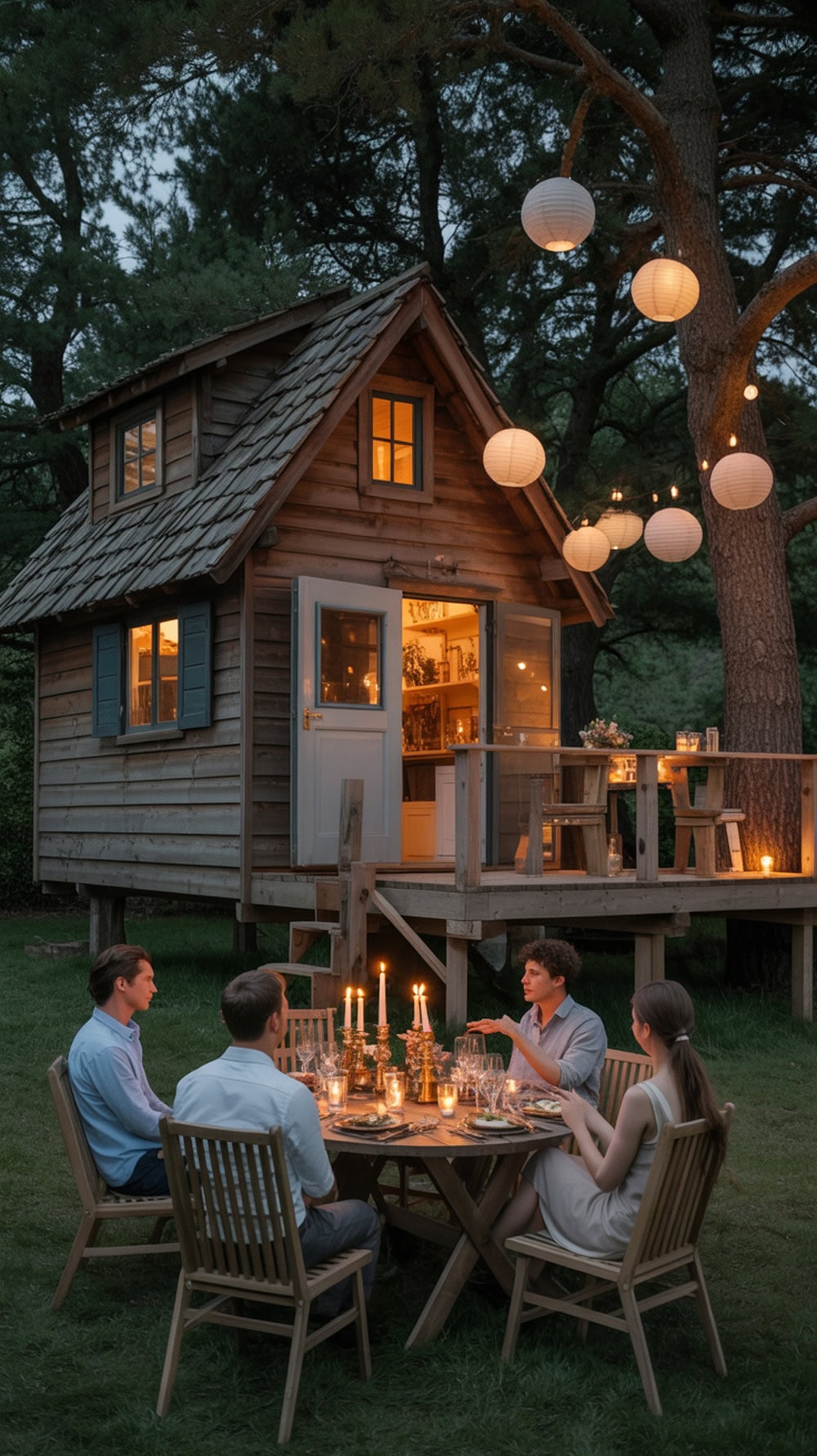 A cozy treehouse reception with a dinner setup and lanterns.