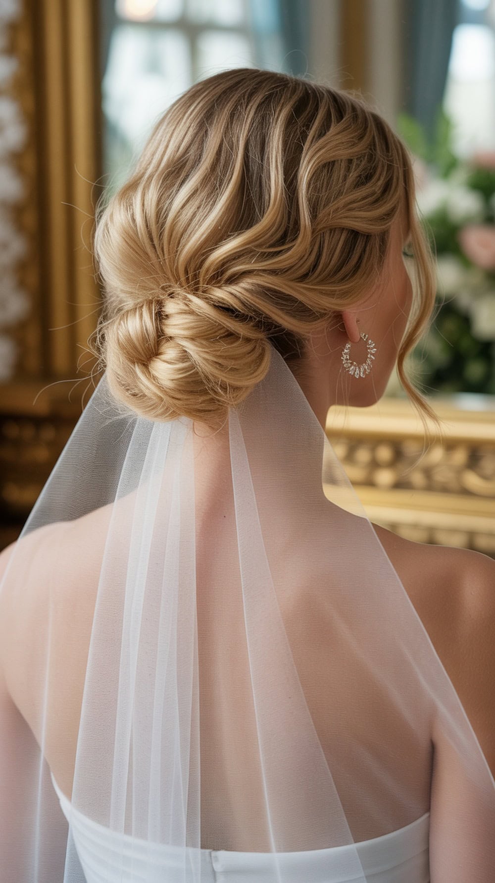 A bride with long wavy hair styled in a wrapped half-updo, featuring a veil threaded through, showcasing elegance and romance.