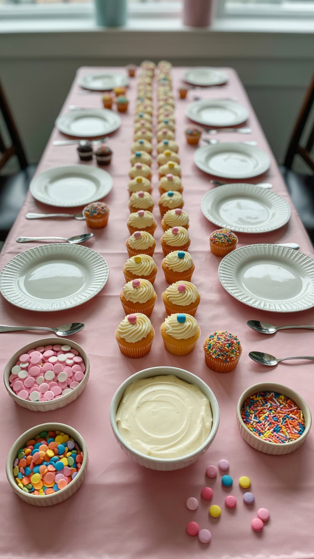 A mini wedding cake decorating table with cupcakes, frosting, and toppings