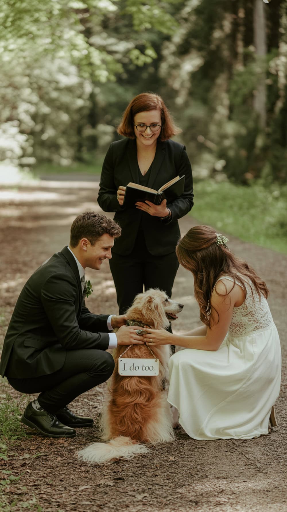 A couple kneeling beside their dog during an outdoor wedding ceremony, with the dog wearing a sign that says 'I do too.'