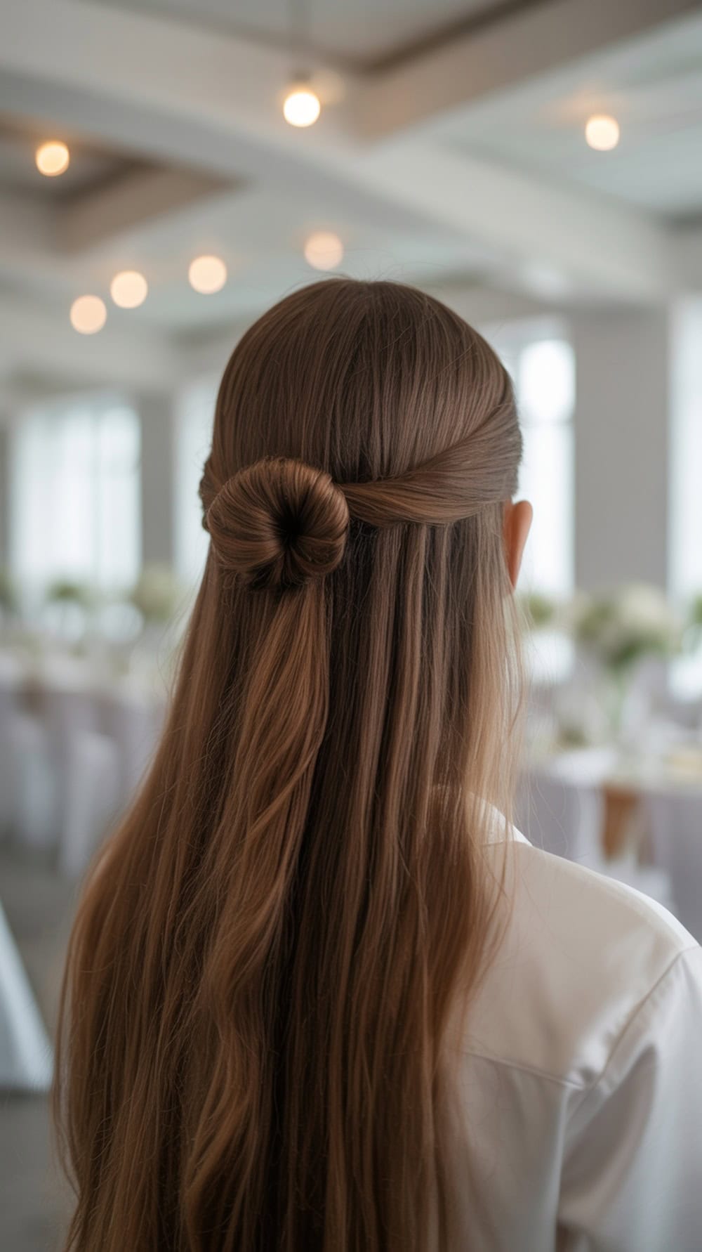A woman with straight hair styled in a half-up knot, showcasing a simple and elegant wedding hairstyle.