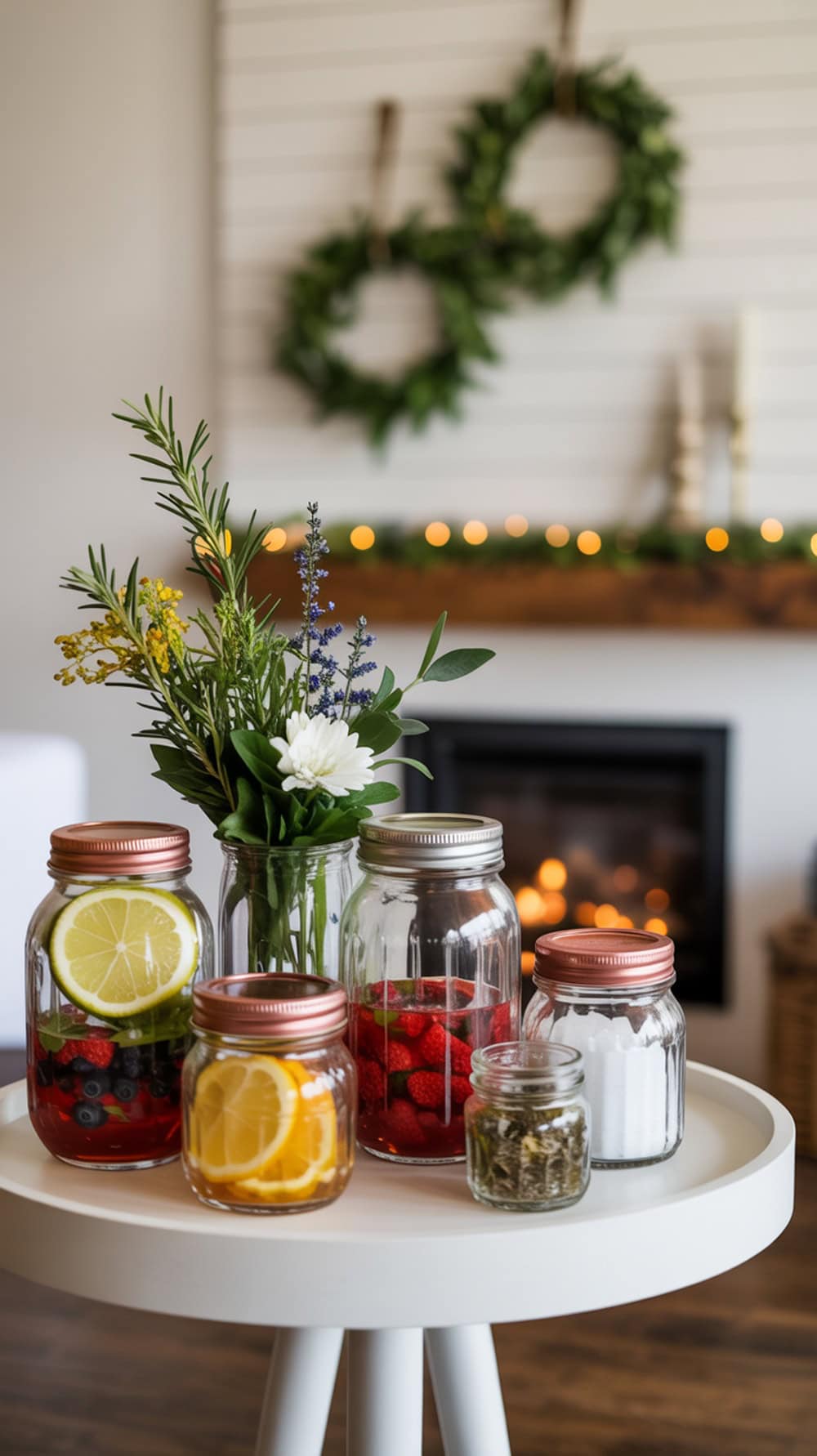 A cocktail garnish bar with jars of fruits, herbs, and flowers.