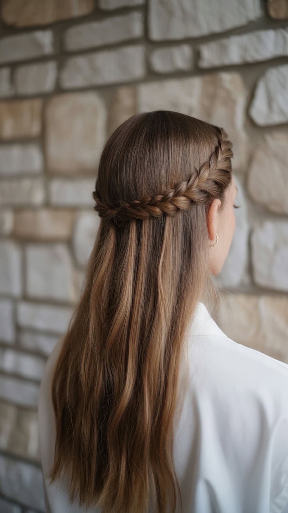 Loose half-updo hairstyle with a braided crown for long straight hair