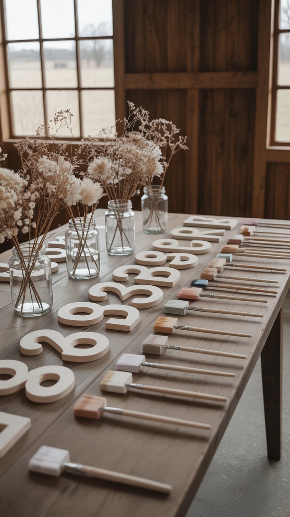 A table set up for painting table numbers, featuring wooden numbers, paint brushes, and dried flowers in jars.