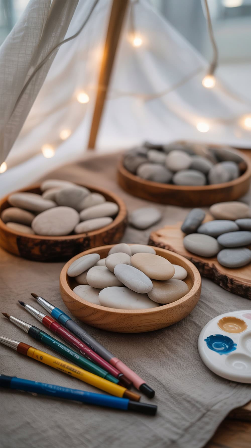 A cozy pebble painting station with smooth stones, colorful markers, and warm lighting.