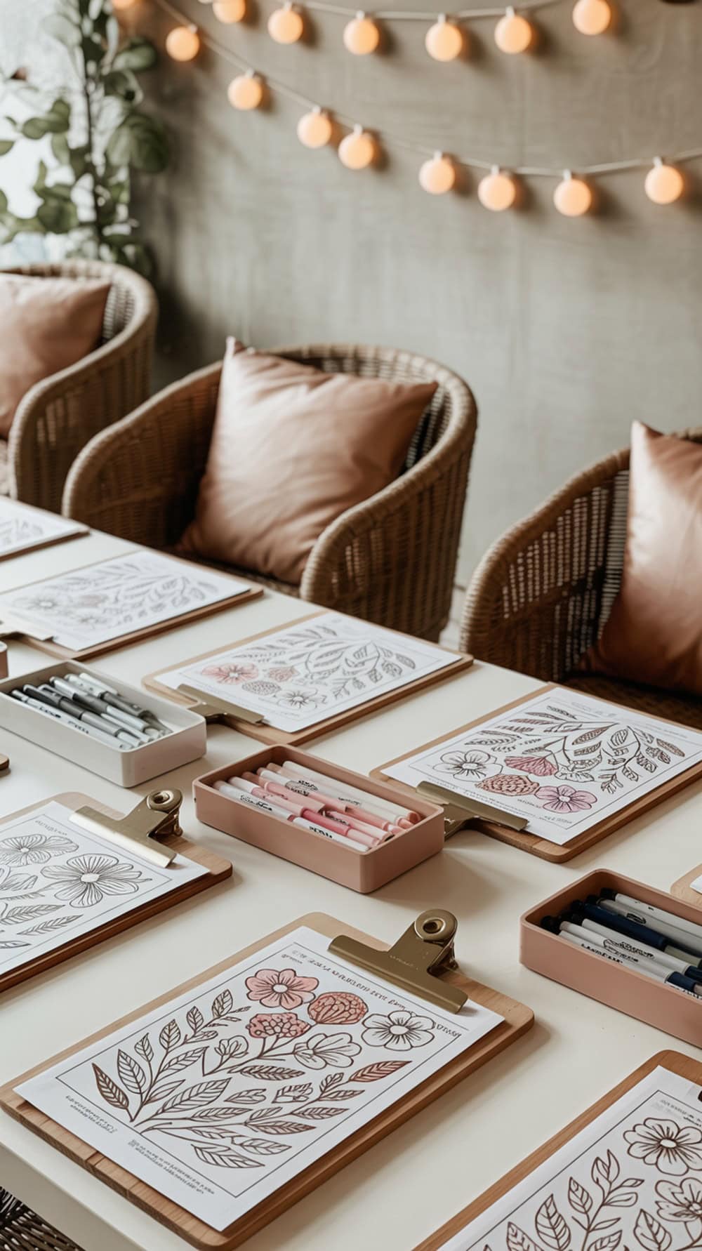 A cozy adult coloring station with floral designs and colorful markers, set up for wedding guests.
