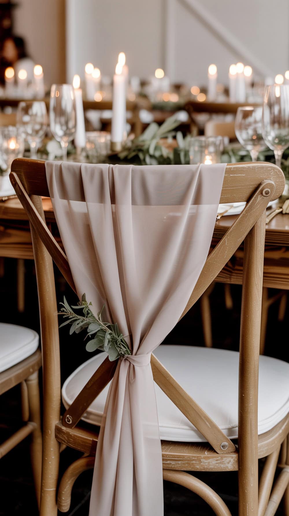Decorated wedding chair with ribbon and greenery