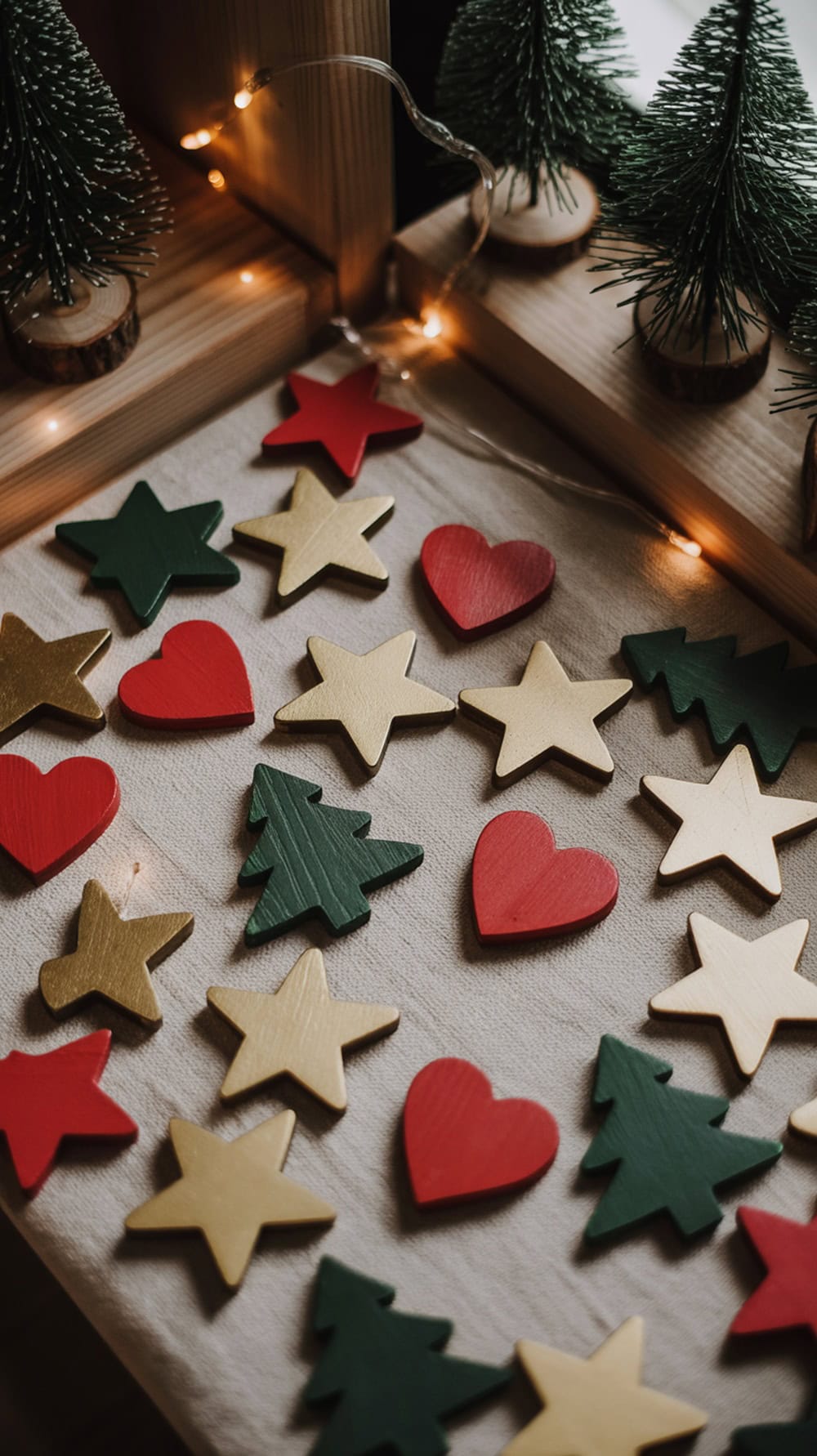 Colorful flat wooden ornaments in various shapes like stars, hearts, and trees, arranged on a table with twinkling lights and festive decorations.