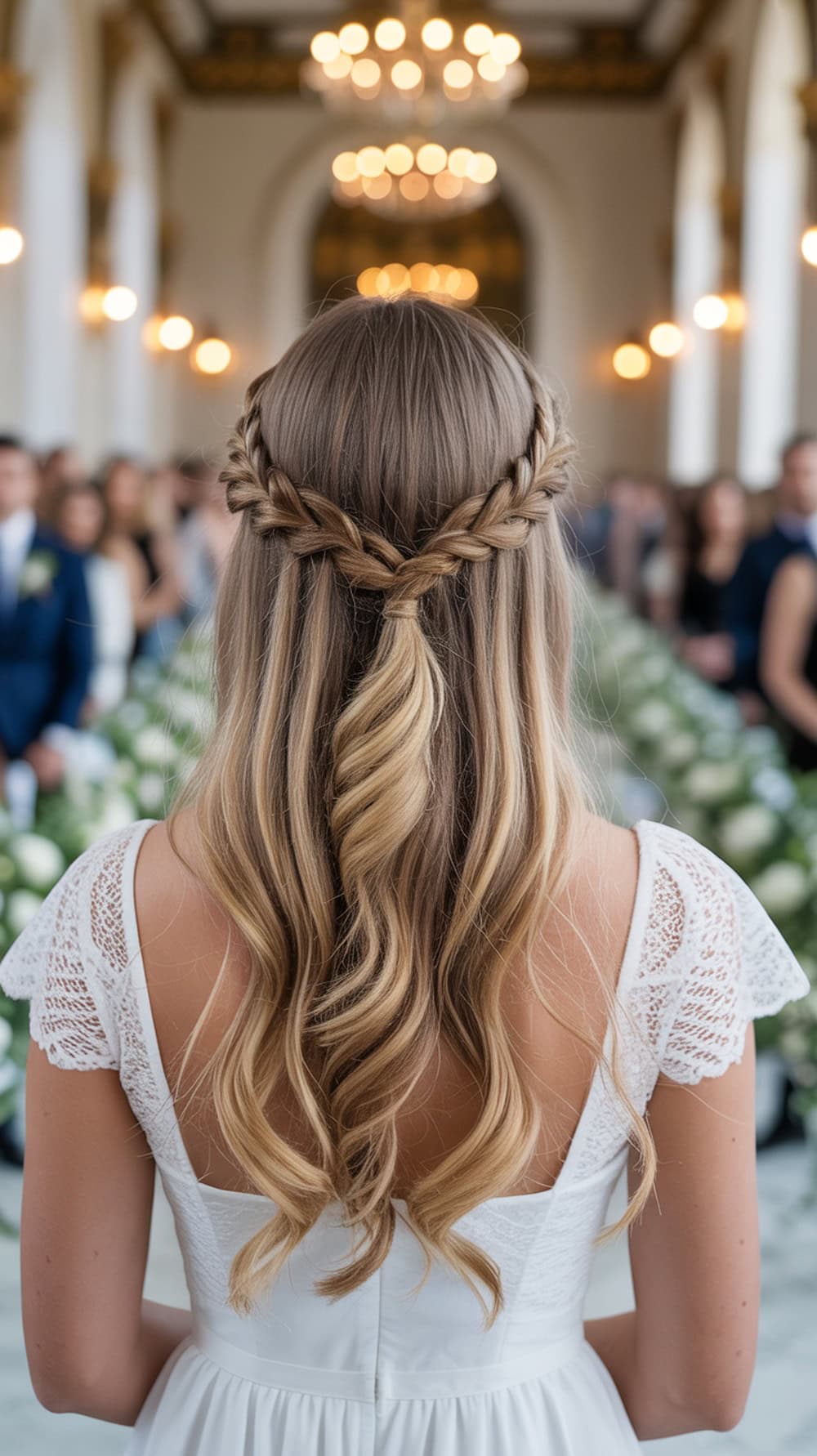 A bride with long wavy hair styled in a half-up crown twist with curls at the ends, standing in a wedding venue.