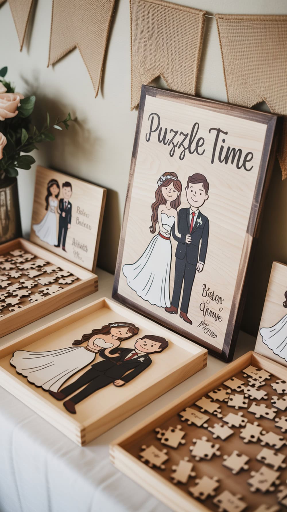 A wedding-themed puzzle table with puzzles of a bride and groom, a sign that says 'Puzzle Time,' and floral decorations.