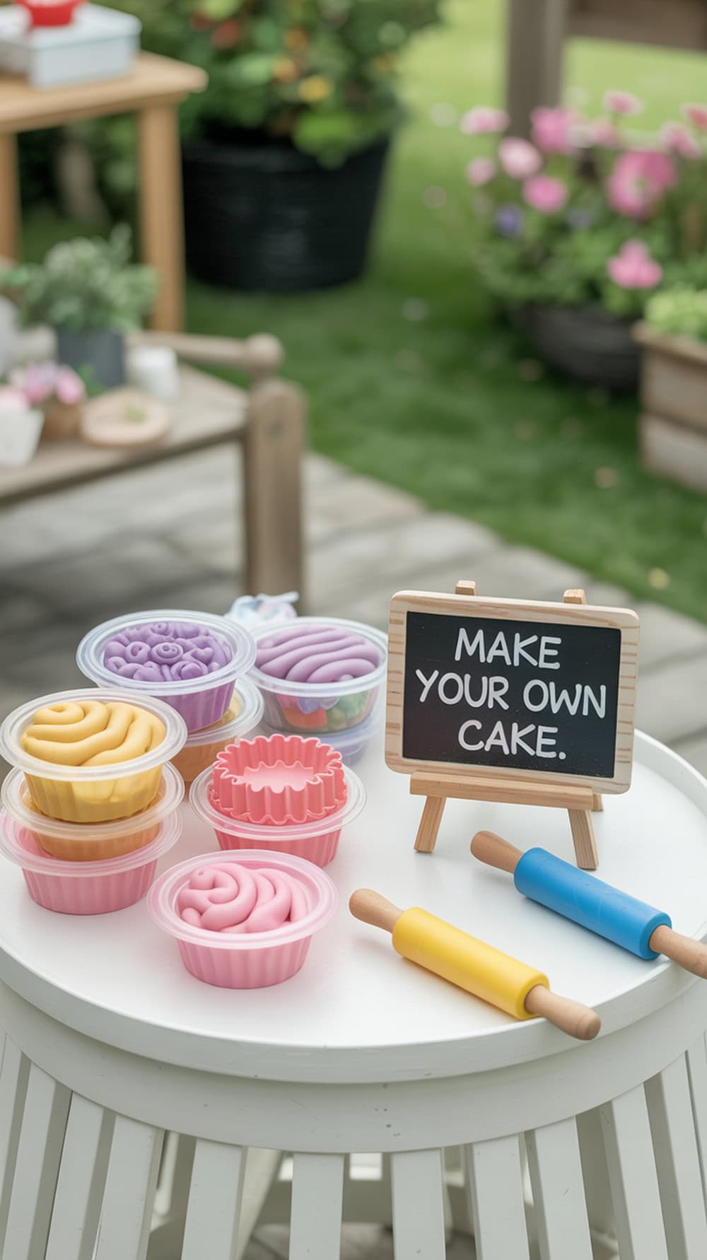 A table with colorful play dough and tools for kids to create their own wedding cakes.