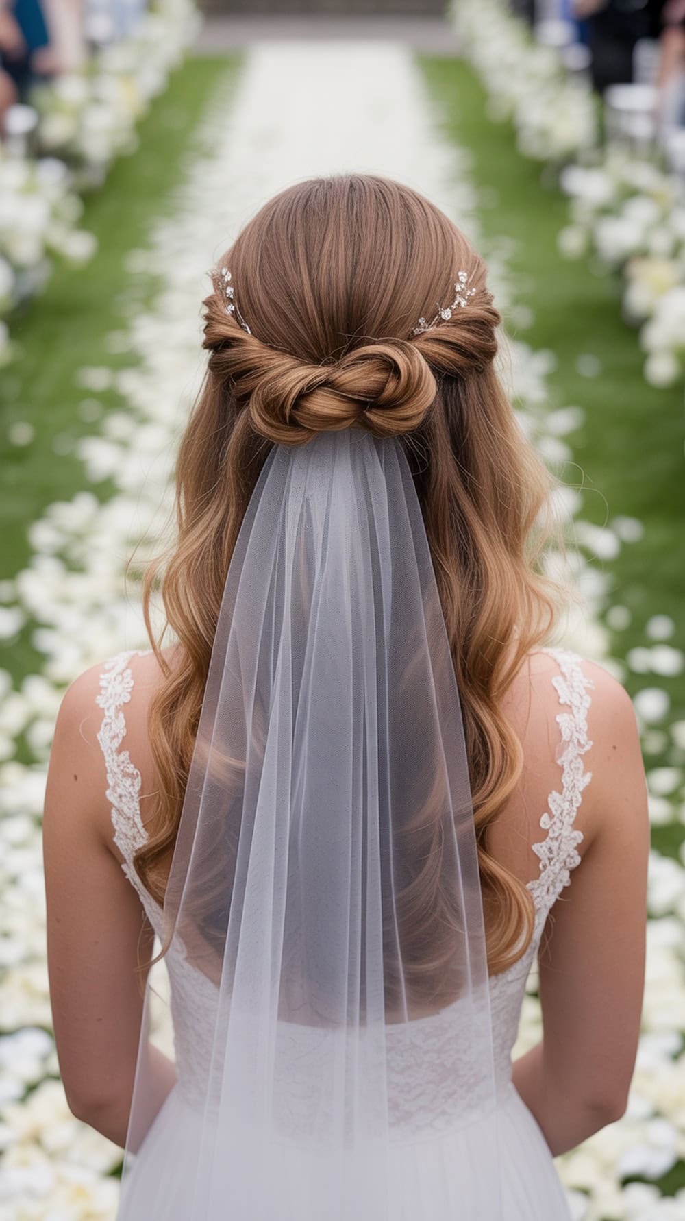 Bride with twisted half-updo hairstyle and veil underneath, showcasing soft waves and elegant hair accessories.