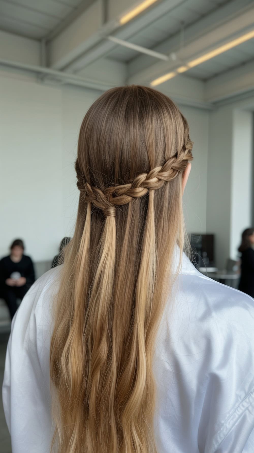 A woman with long straight hair styled in a half-updo featuring triple mini braids, showcasing a blend of elegance and playfulness.