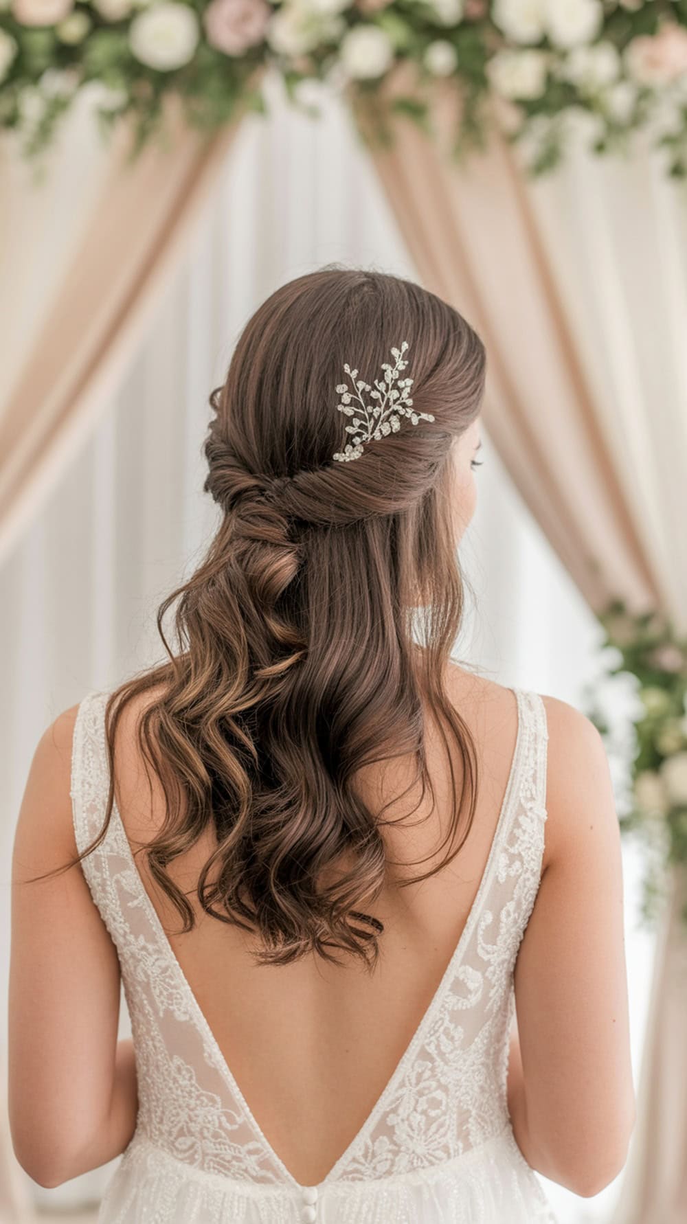 A bride with long wavy hair styled in side-tucked waves, adorned with a delicate comb, standing in front of a floral backdrop.