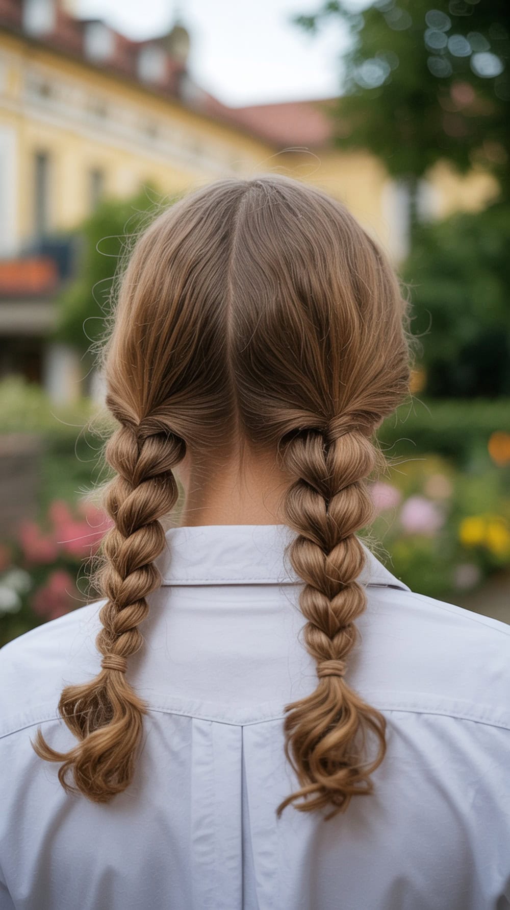 A woman with double twisted hair styled into a half-updo, showcasing a romantic and elegant look.