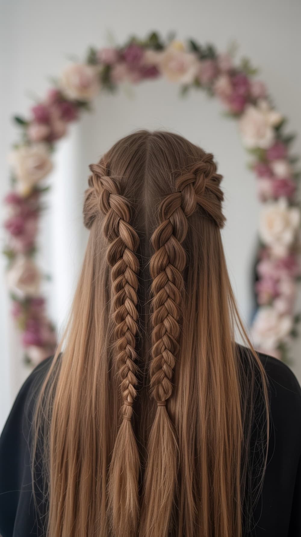 A hairstyle featuring tiny braided ladder details running down the back of long straight hair, set against a floral backdrop.