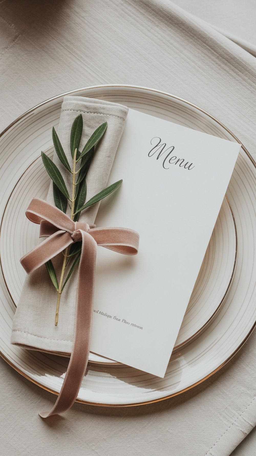 A beautifully set table with a paper menu on a plate, featuring a folded napkin and a sprig of greenery.