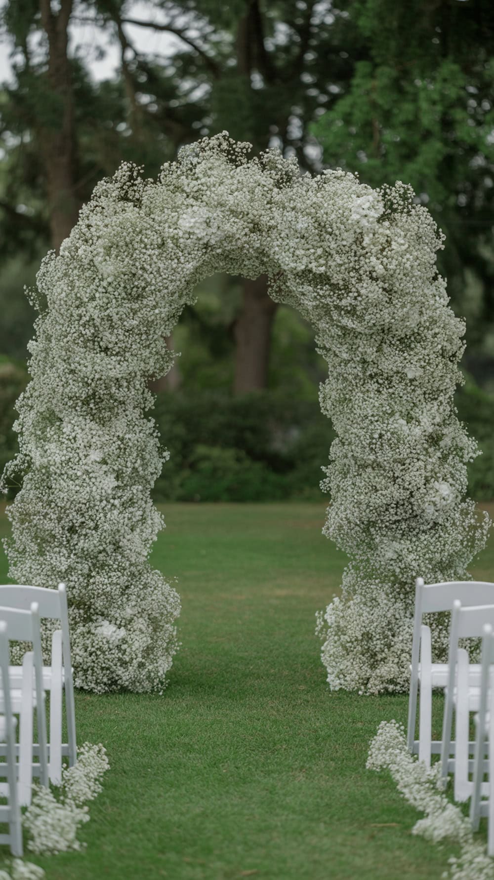 An all-white baby’s breath ceremony arch set up in a grassy area, with white chairs arranged on either side.