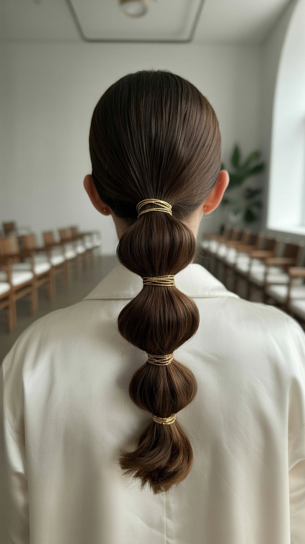 A woman with long straight hair styled in a bubble ponytail, adorned with gold thread, showcasing a chic wedding hairstyle.