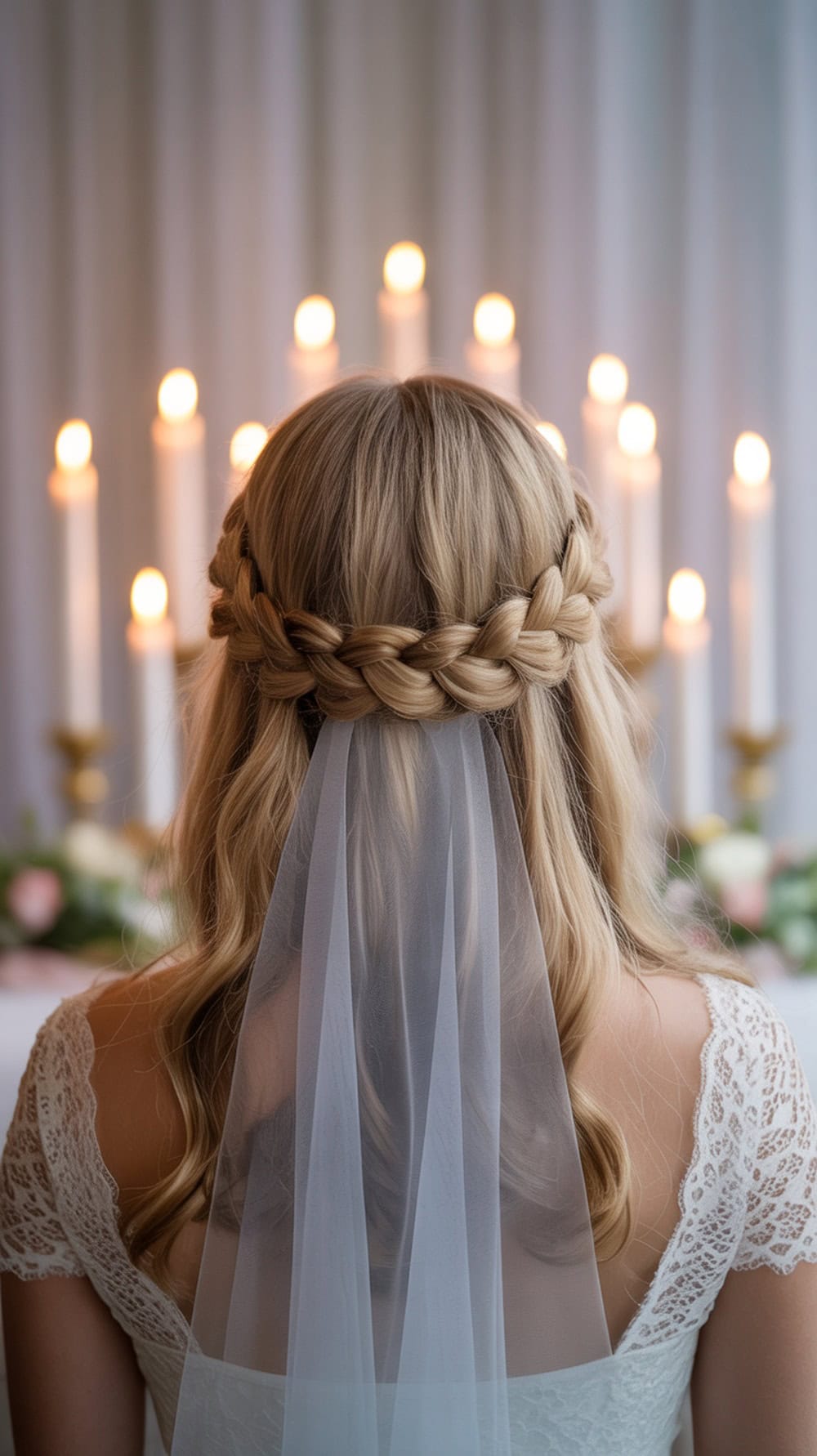 A bride with long hair styled in a crown braid, adorned with a draping veil, standing in front of candles and floral arrangements.