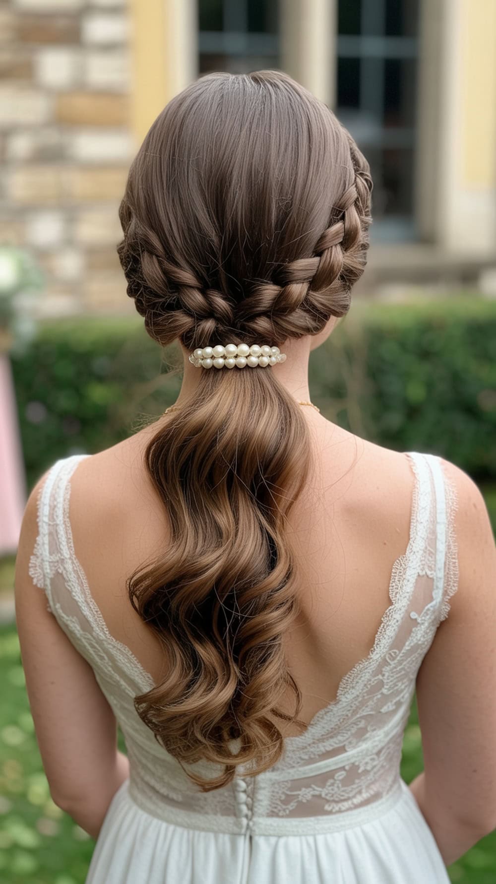 A woman with long hair styled in a French braid leading into a cascading ponytail, adorned with a pearl hair accessory.