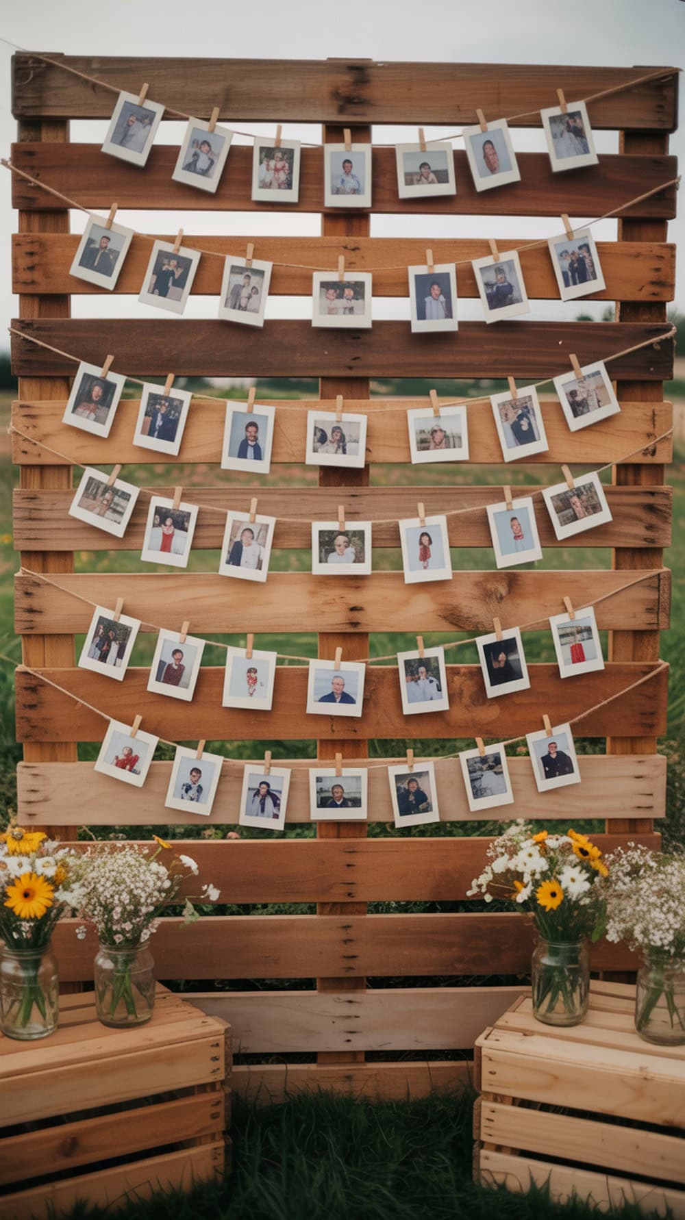 A rustic wooden photo wall display with polaroid pictures clipped to twine, surrounded by flowers in jars.