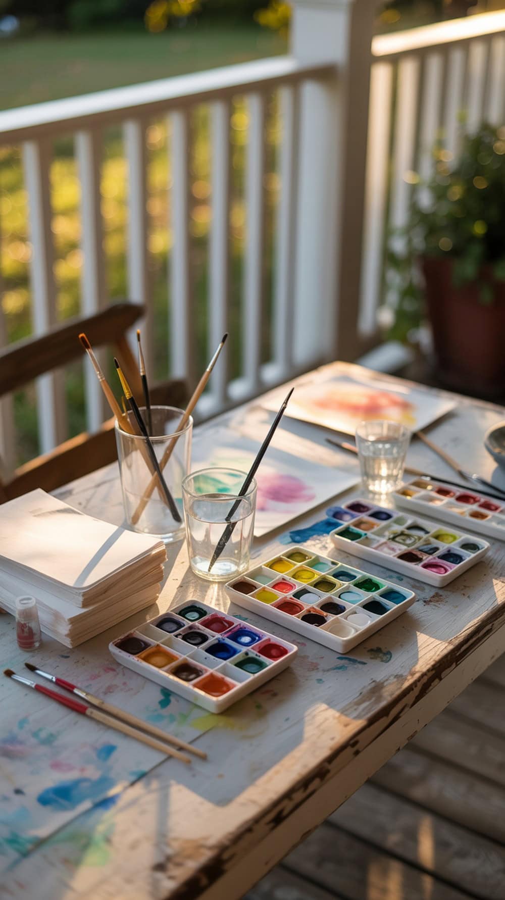 A watercolor guestbook table with paints, brushes, and blank sheets of paper.