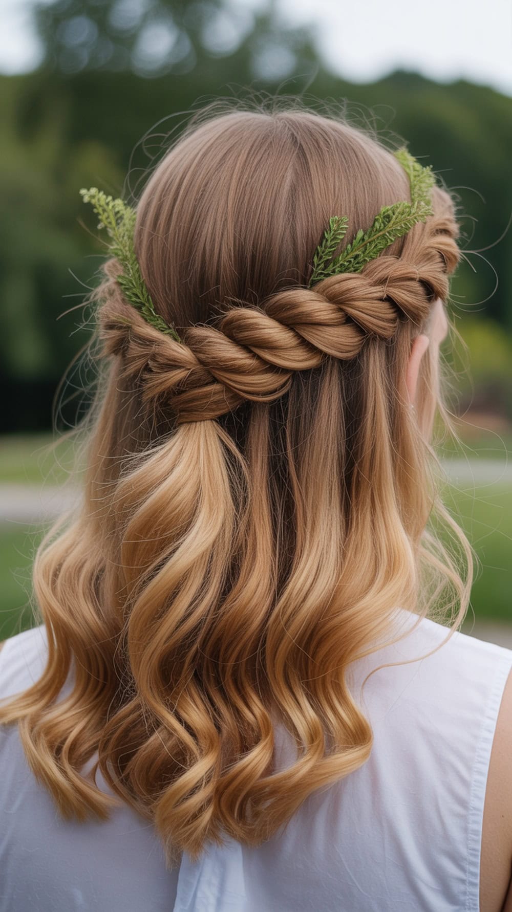 Half-up half-down wedding hairstyle featuring a romantic rope twist adorned with greenery.