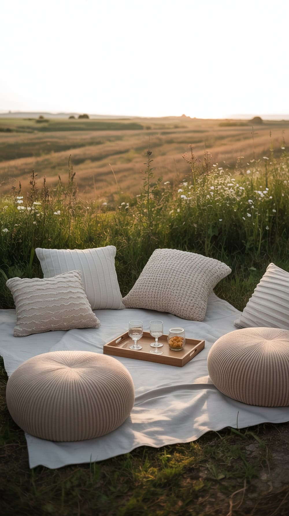 Cozy outdoor seating area with pillows and a tray of drinks, set against a sunset backdrop.