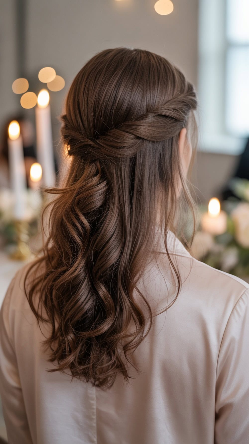 A woman with half-up twist hairstyle and loose curls, showcasing a classic wedding look.