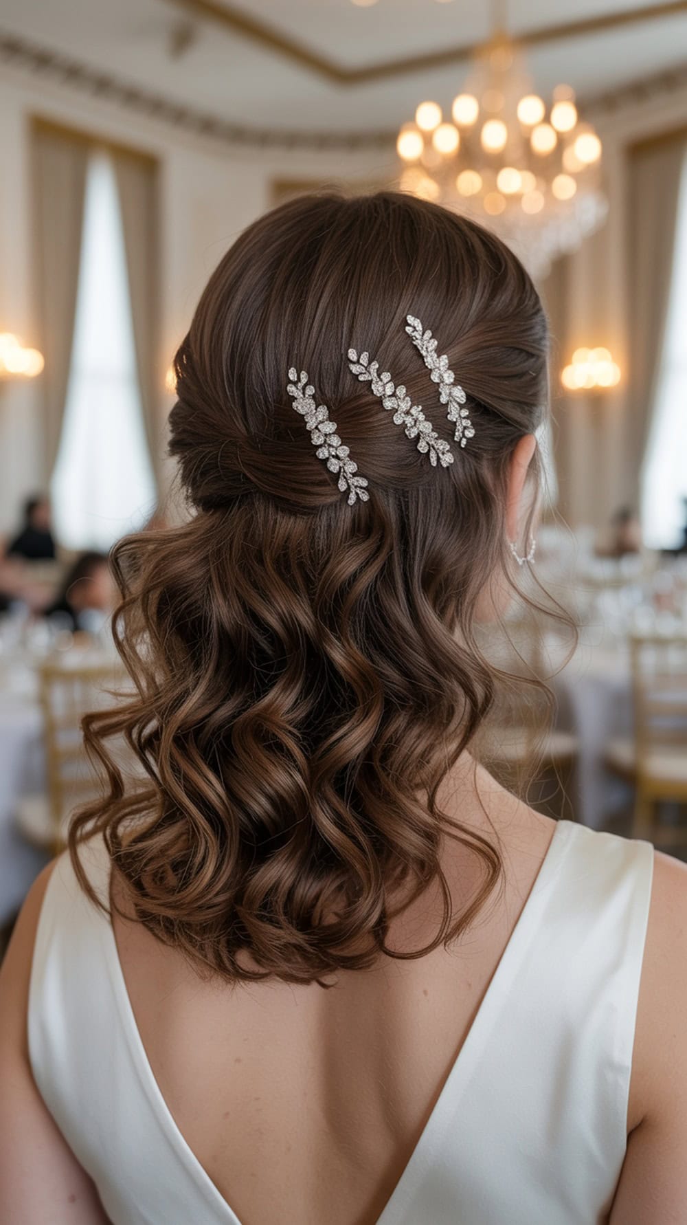 Half-up half-down wedding hairstyle with curls and crystal pins