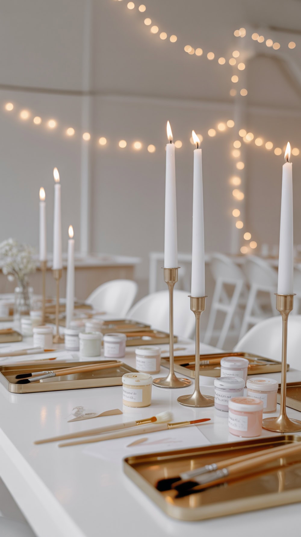 A beautifully arranged candle painting table with candles, paint, and brushes, set against a backdrop of soft lighting.