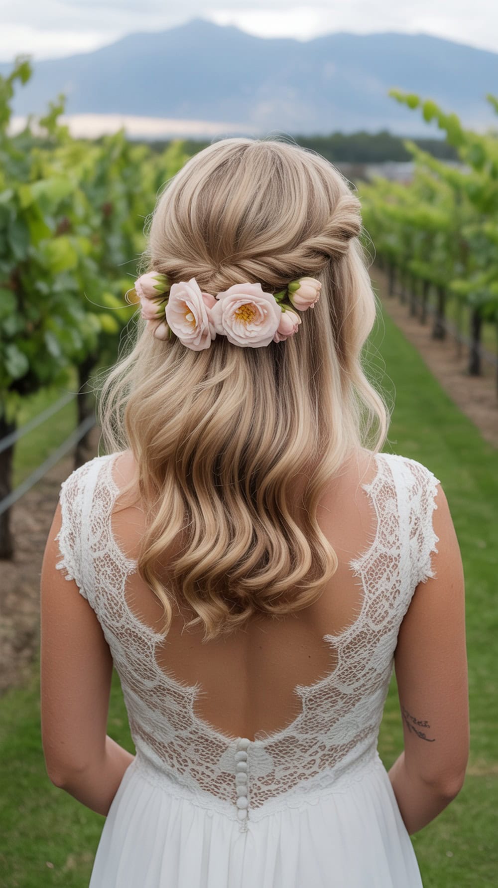 A bride with half-up half-down hairstyle featuring loose waves and floral accents, set against a vineyard backdrop.