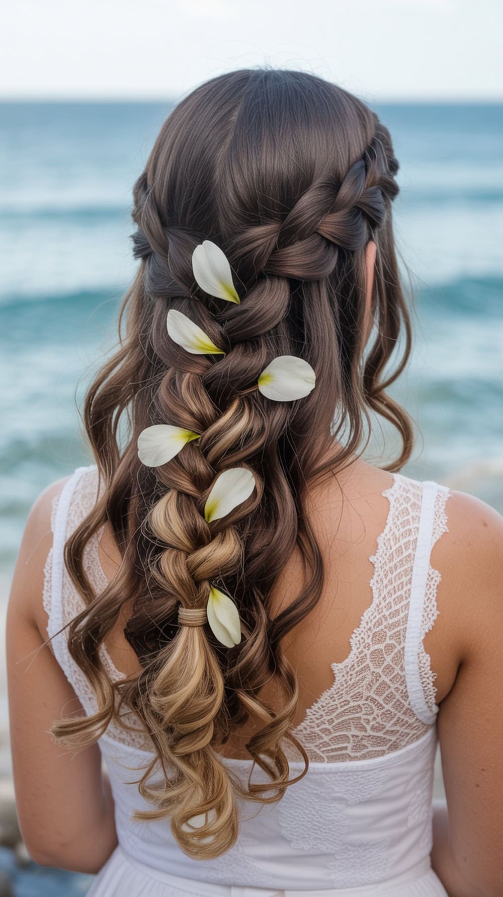 A woman with long hair styled in a half-up waterfall braid with soft curls, adorned with flower petals, standing by the ocean.