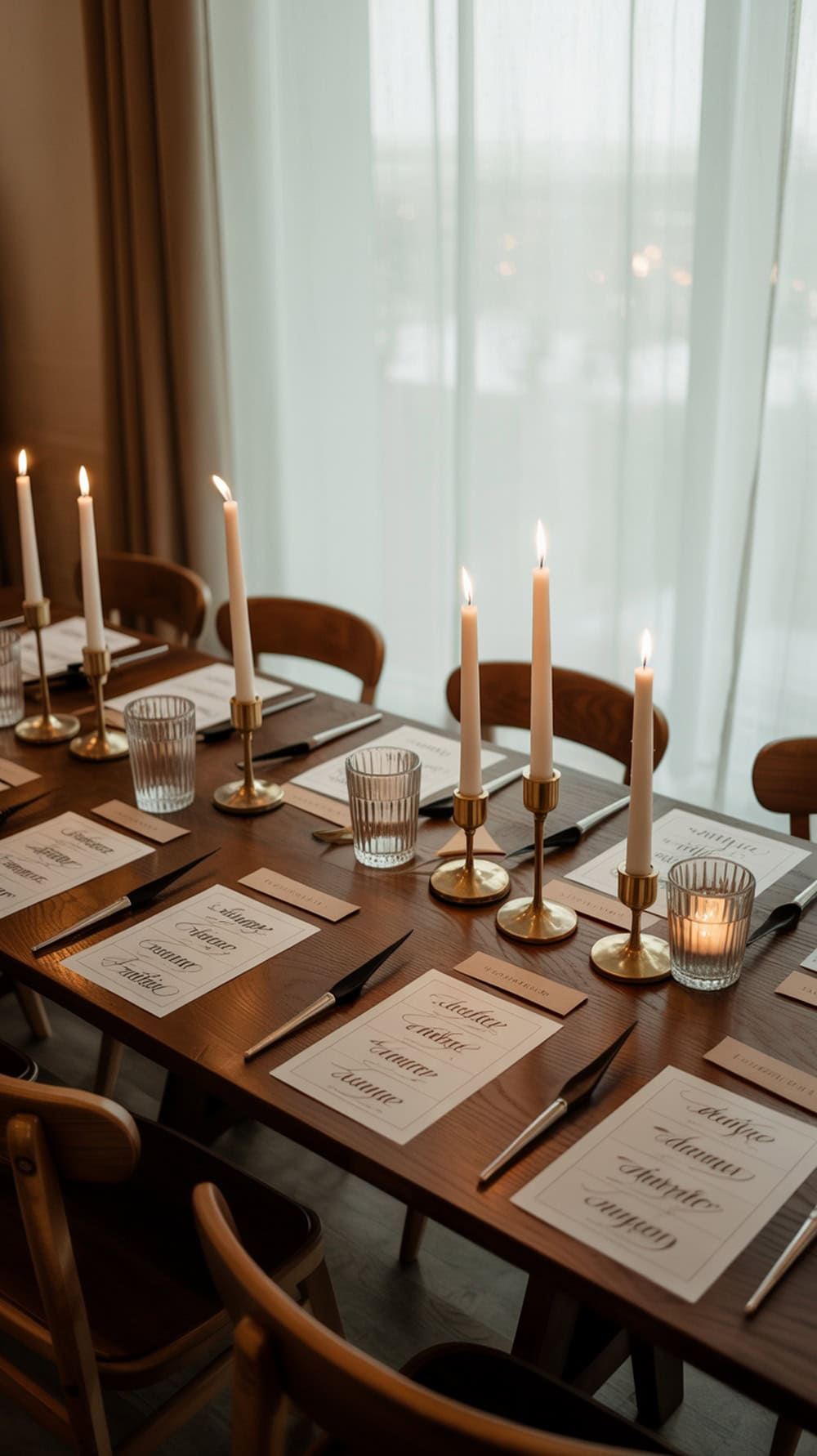 A beautifully arranged hand lettering station at a wedding with candles, greenery, and stationery.