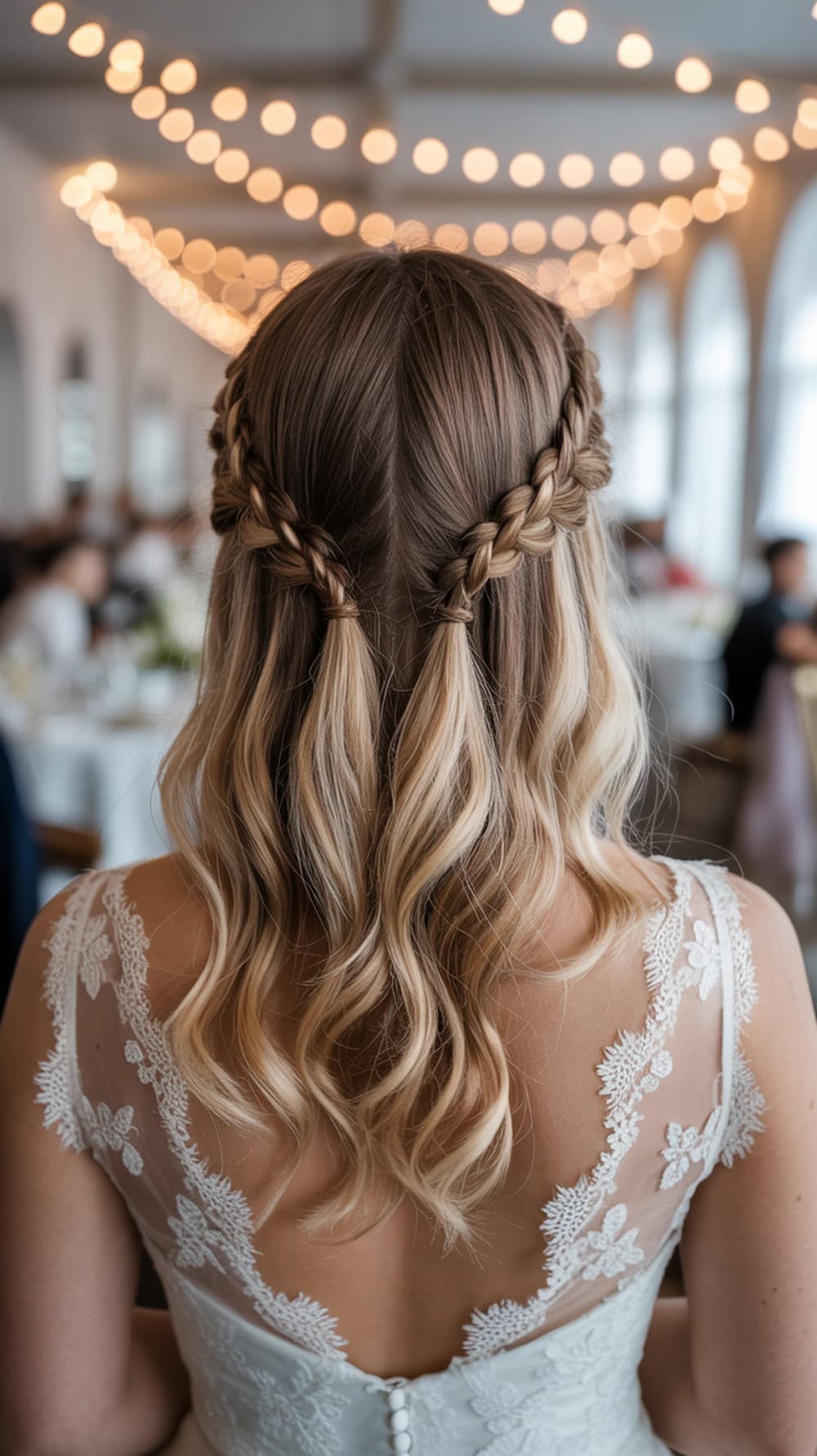 A bride's hair styled in twin braids with a half-up crown, featuring soft waves and a romantic setting.