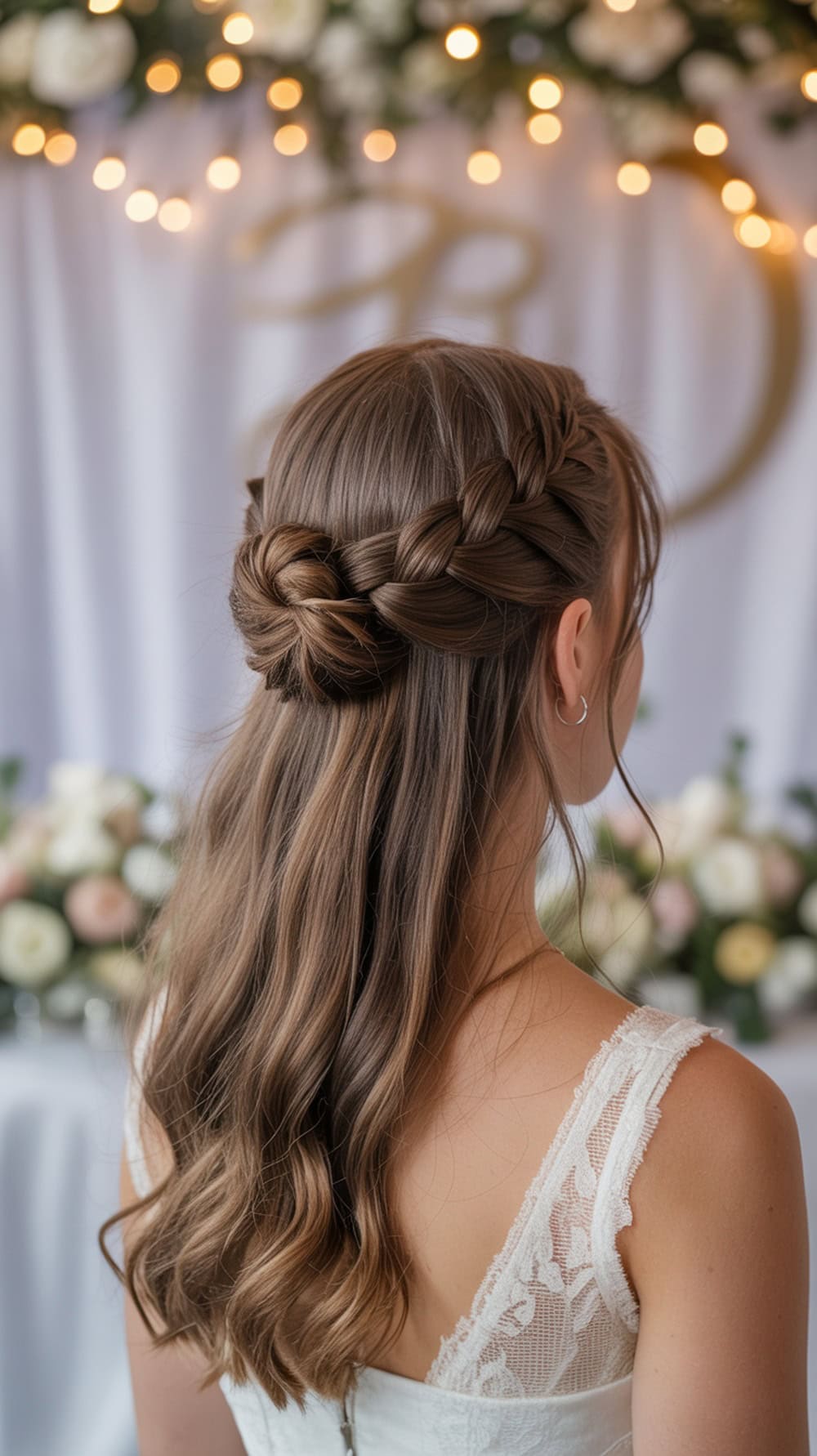 A woman with long hair styled in a braided half-up bun, showcasing elegant braids and soft waves.