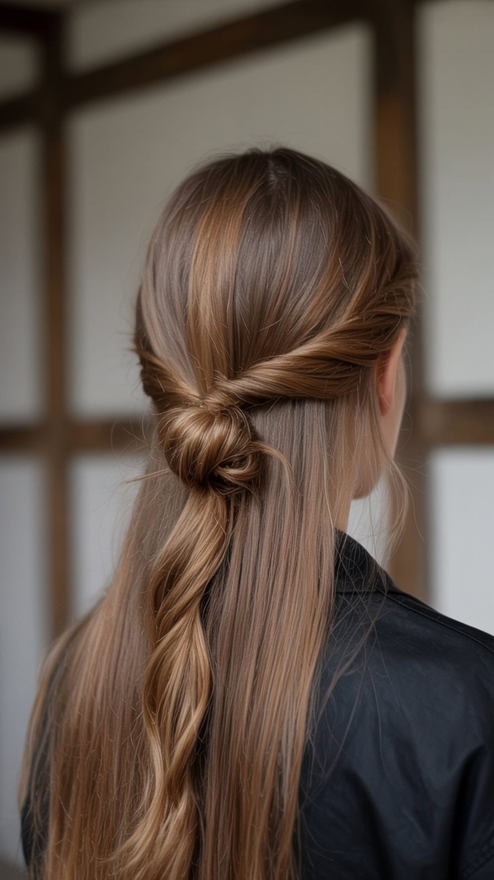 A woman with long straight hair styled in a Reverse Crown Twist, showcasing a neat twist at the back and flowing strands.