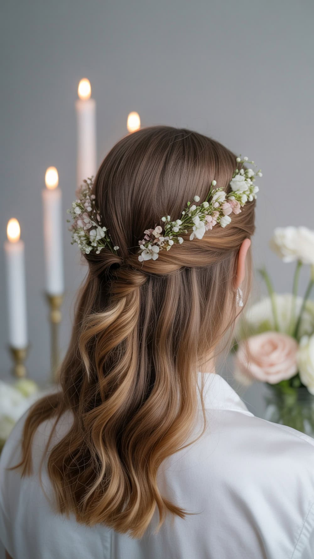 A side twisted half-updo hairstyle adorned with fresh flowers, showcasing long straight hair.